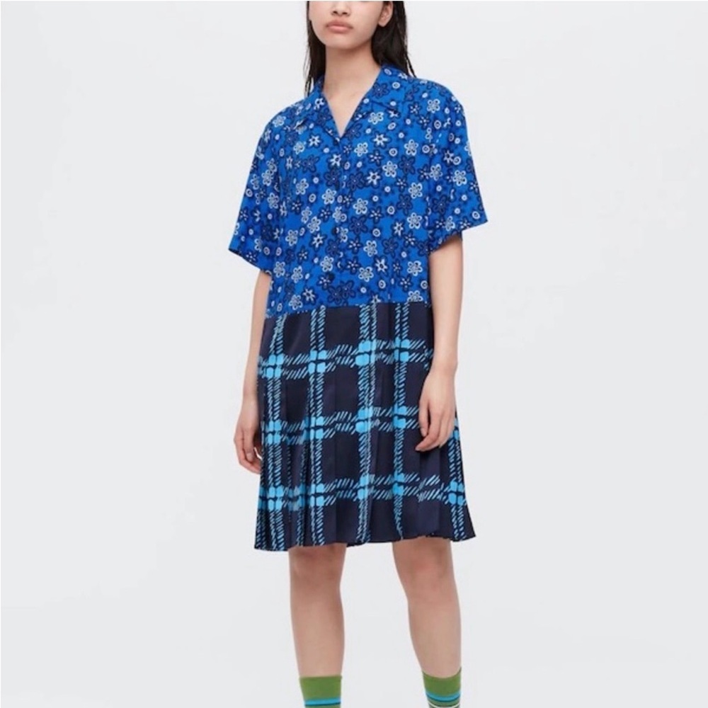 ⚡️ Marni x Uniqlo Blue Floral Gingham Pleated Short Sleeve Open Collar Dress XS